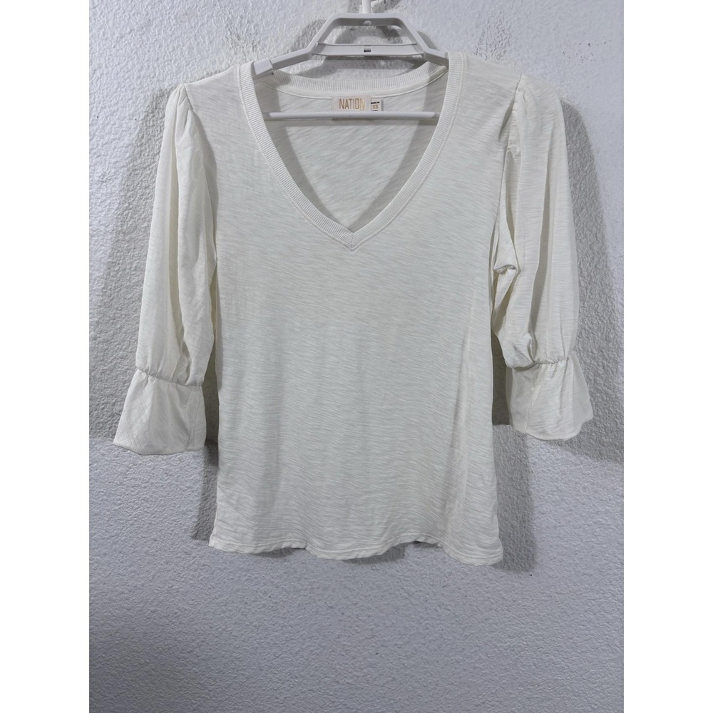Nation LTD Shirt Womens XS White V Neck Pima Cotton Ruffle Bell Sleeve Topโ